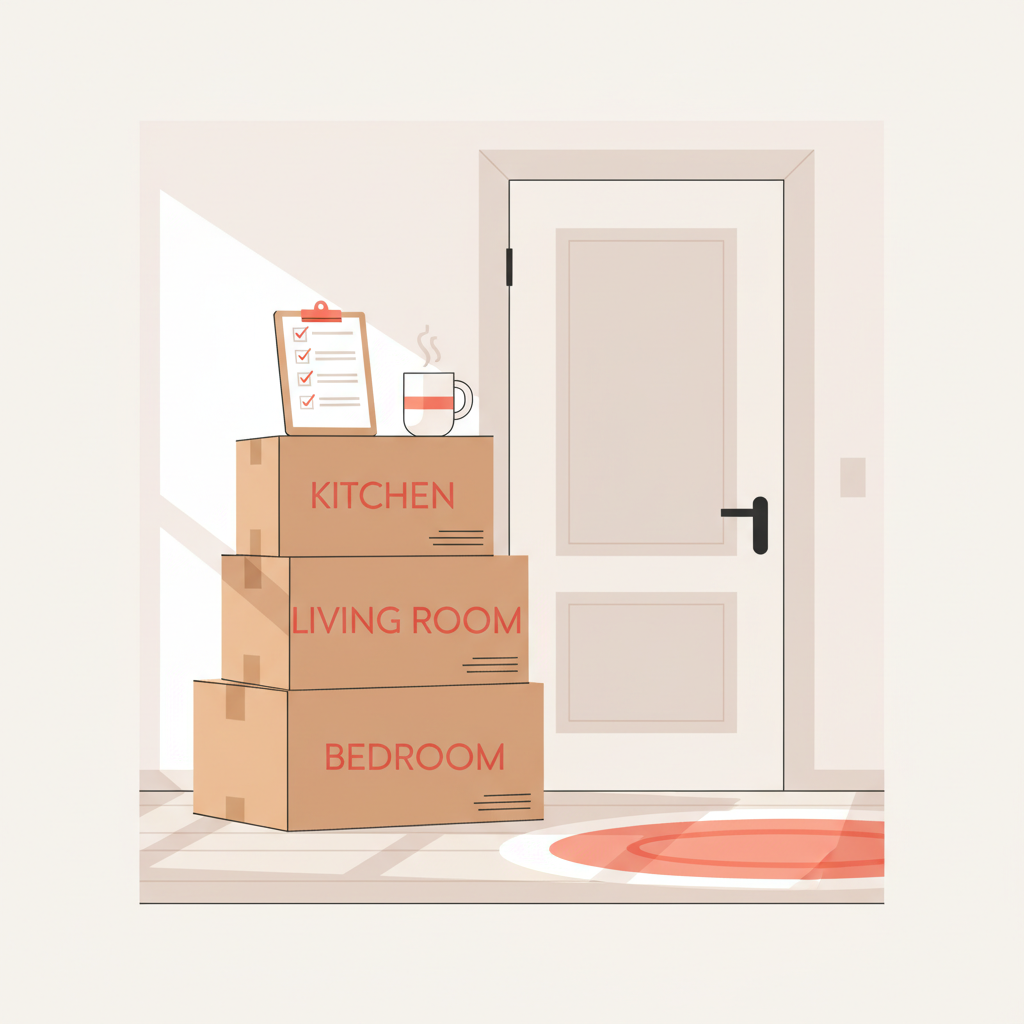 Illustration of a move day scene showing labeled boxes in a living room with sunlight streaming in, organized and ready