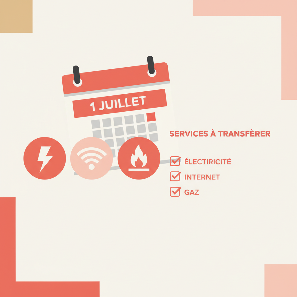 Illustration of utility transfer icons (Hydro-Quebec lightning bolt, WiFi, gas flame) arranged on a moving checklist