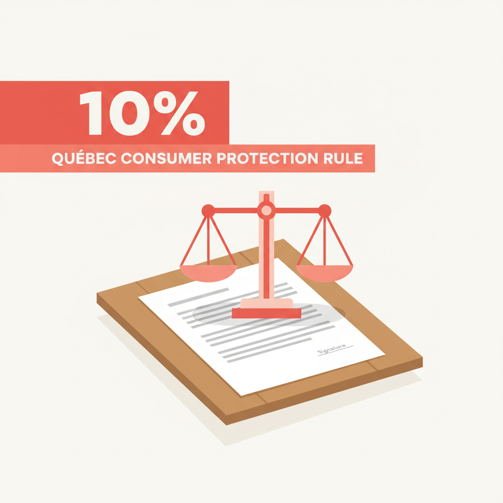 Illustration showing the Quebec 10 percent cap consumer protection rule with a contract and a scale symbol