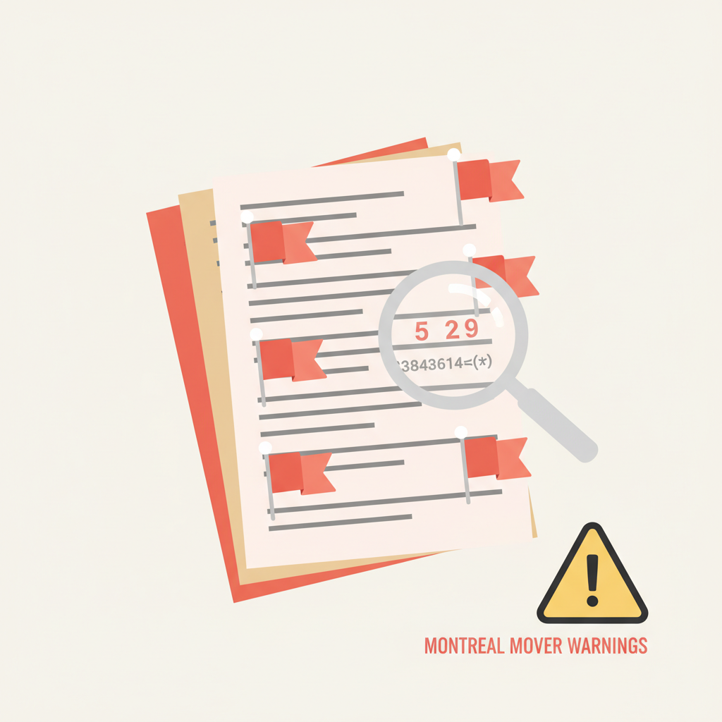 Illustration of five red flag warning symbols arranged around moving quote documents representing scam warning signs