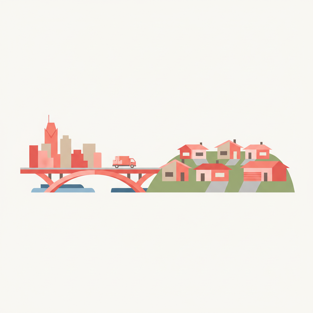 Editorial illustration of Laval Quebec suburban move showing bridge connecting to Montreal island, moving truck crossing in coral palette