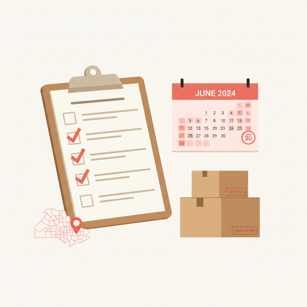 Editorial illustration of a Montreal moving day checklist showing a calendar with tasks, moving boxes, and a clipboard