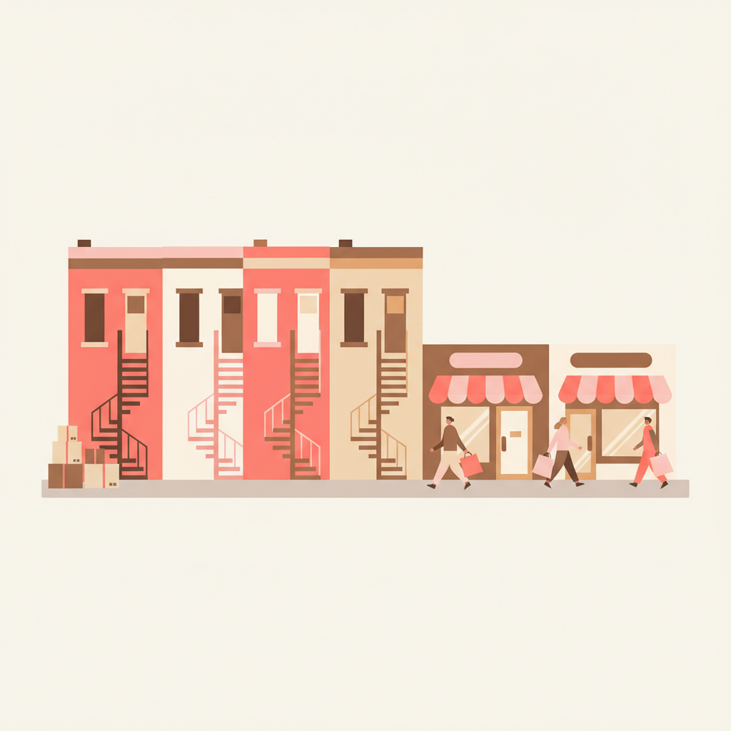 Editorial illustration of NDG Notre-Dame-de-Grace Montreal triplex street with moving boxes and Monkland village feel in coral palette