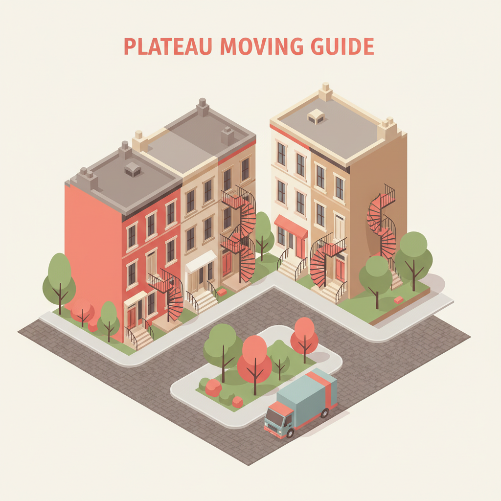 Editorial illustration of Plateau Mont-Royal Montreal neighborhood showing exterior spiral staircases typical of the borough
