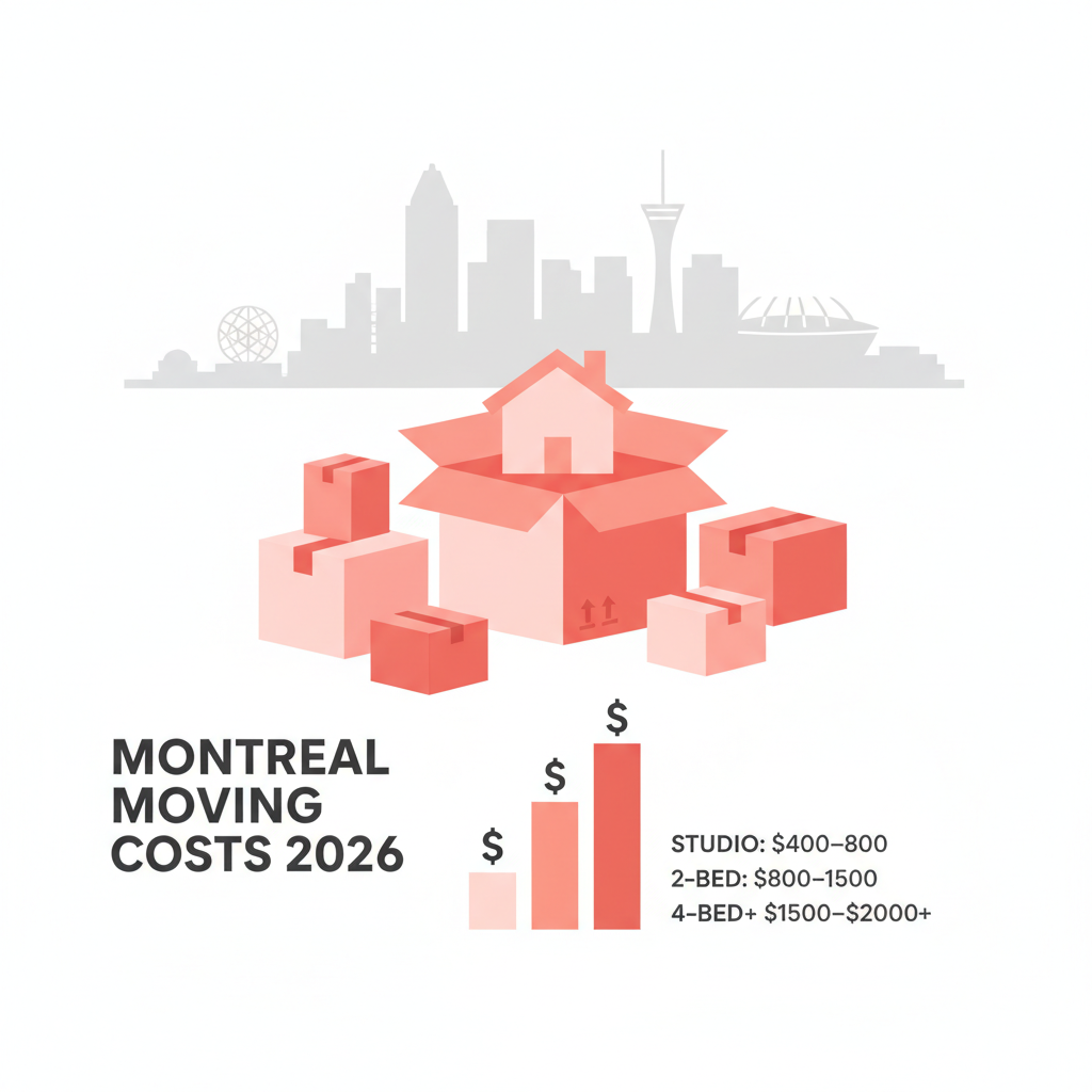 Montreal Moving costs 2026 editorial illustration showing Montreal skyline, moving boxes with a house emerging from an open box, and an ascending bar chart illustrating cost by home size