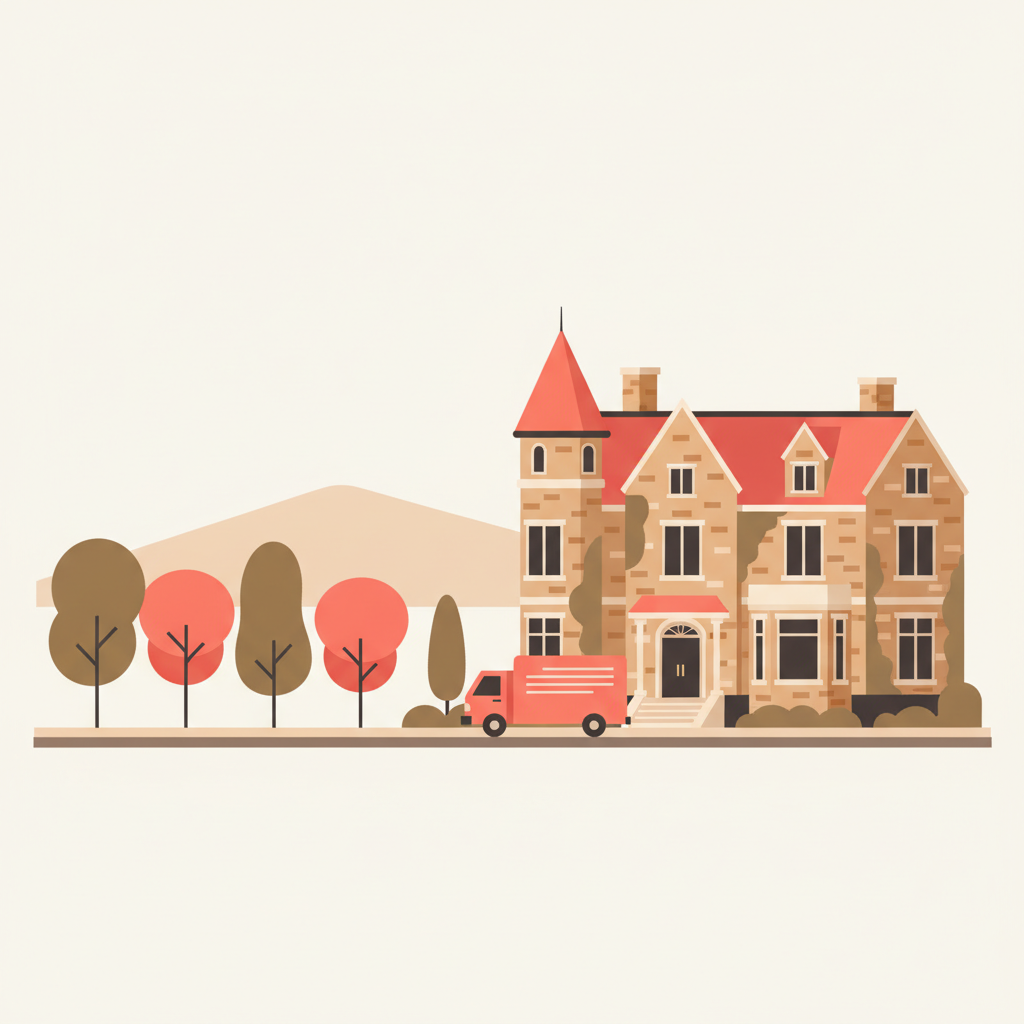 Editorial illustration of Westmount heritage stone mansion with tree-lined street and small moving truck in coral palette