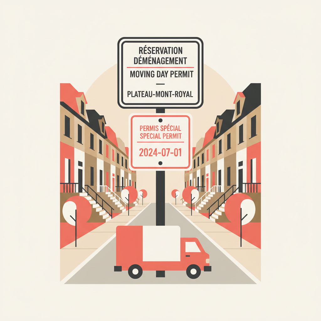 Illustration of a Plateau-Mont-Royal borough parking permit being placed in front of a moving truck on a narrow Montreal street