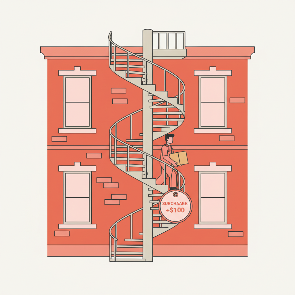Illustration of a Plateau Mont-Royal exterior spiral staircase with a moving company surcharge price tag attached