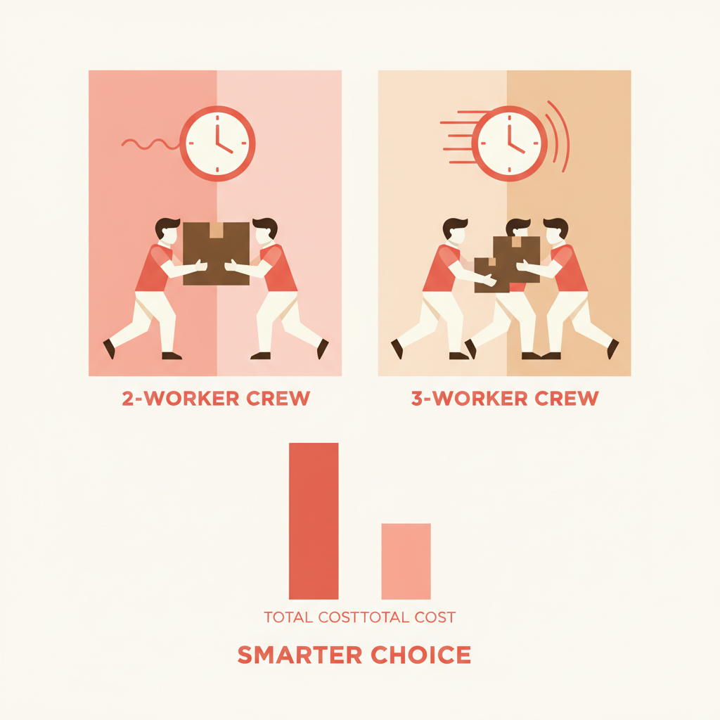 Illustration comparing 2-person vs 3-person moving crew showing time and total cost differences in MM coral palette