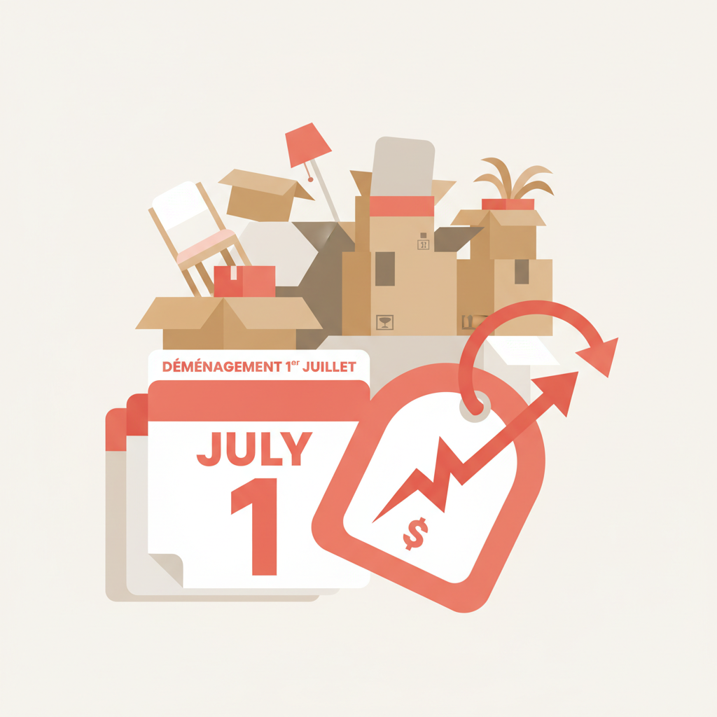 Illustration showing a sharp price surge on July 1 Quebec moving day, with calendar flip and rising cost indicator in coral