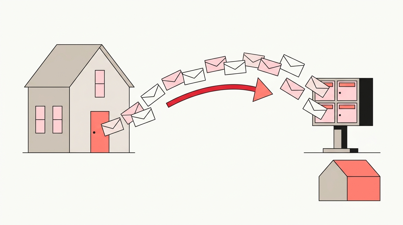 Flat illustration of envelopes flying from an old house to a community mailbox and a new house, for mail forwarding