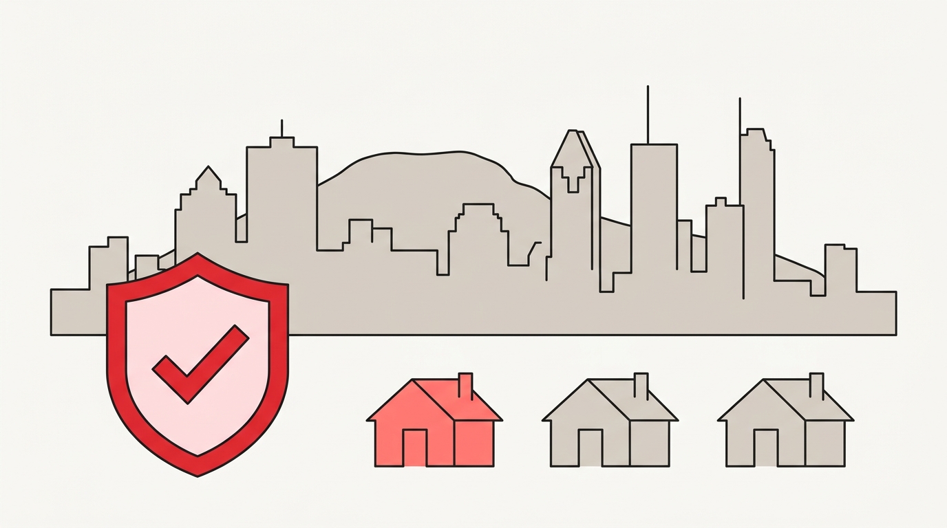 Flat illustration of the Montreal skyline with a verified-check shield and three houses, one highlighted, for the guide to choosing a Montreal mover