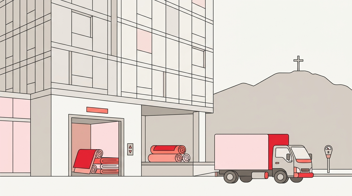 Flat illustration of downtown Montreal: a condo tower, its loading dock and Mount Royal behind