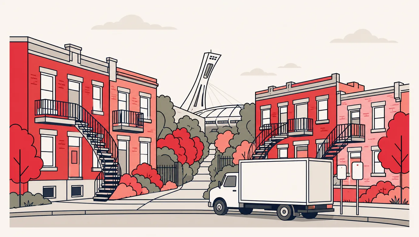 Flat illustration of a Hochelaga-Maisonneuve street: brick triplexes with exterior staircases, a green alley, the Olympic Stadium tower on the skyline and an unmarked moving truck at the curb