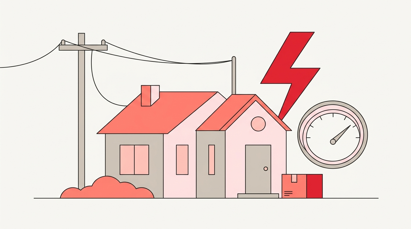 Flat illustration of a house with a power line and utility pole, a lightning bolt, an electricity meter dial and a moving box