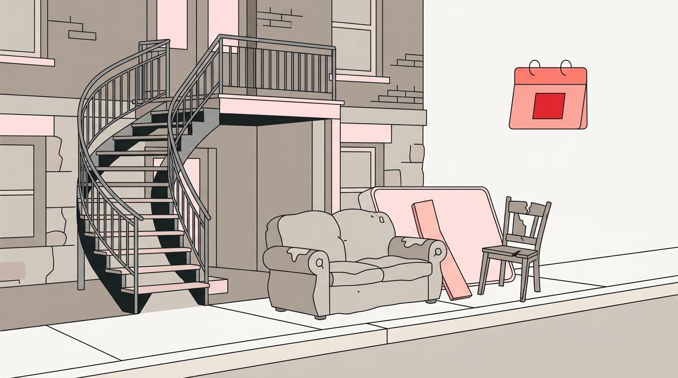Flat illustration of an old sofa, mattress and chair at a Montreal curb beside a spiral staircase, with a calendar icon for bulky waste pickup