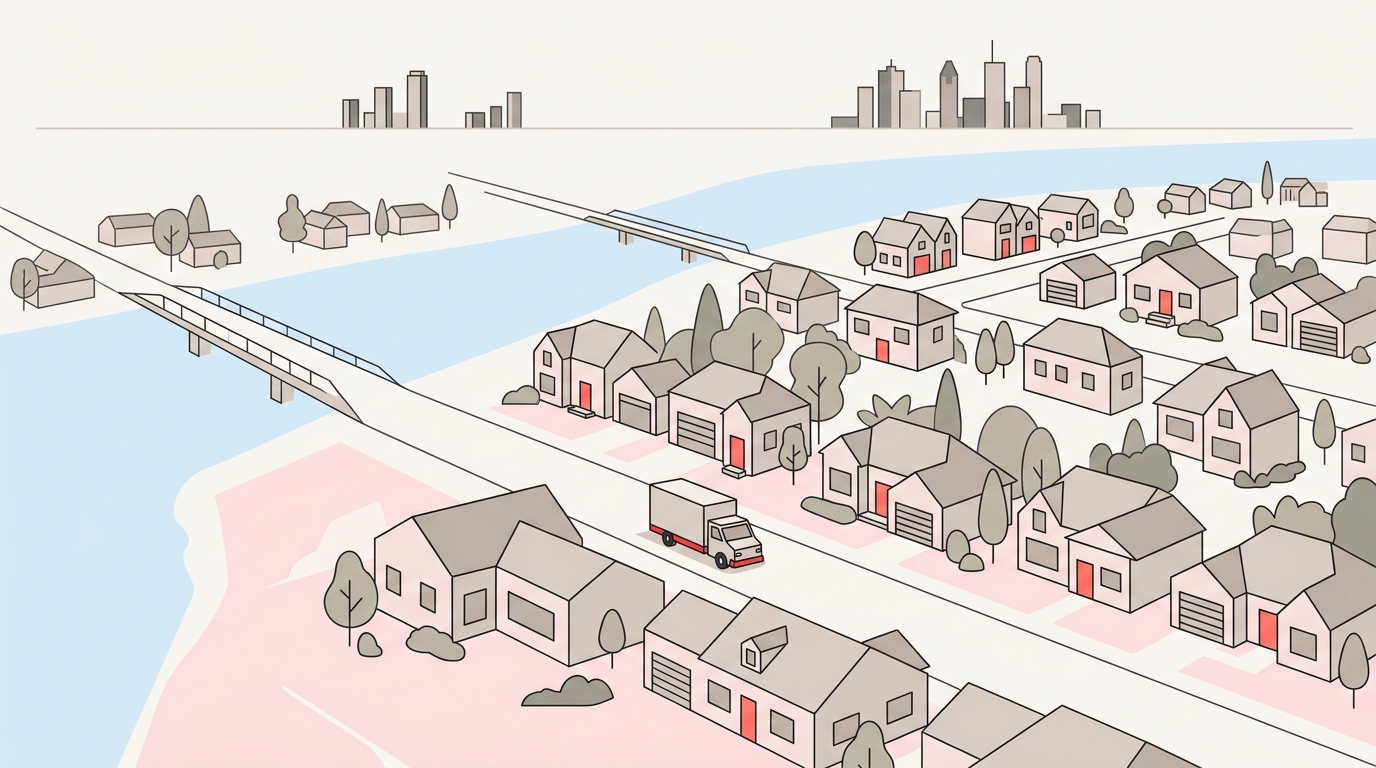 Flat map-style illustration of Laval suburban houses with driveways across the river from Montreal, with a moving truck