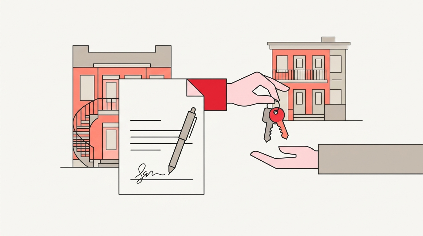 Flat illustration of a signed lease document, a pen and keys being handed over in front of a Montreal duplex