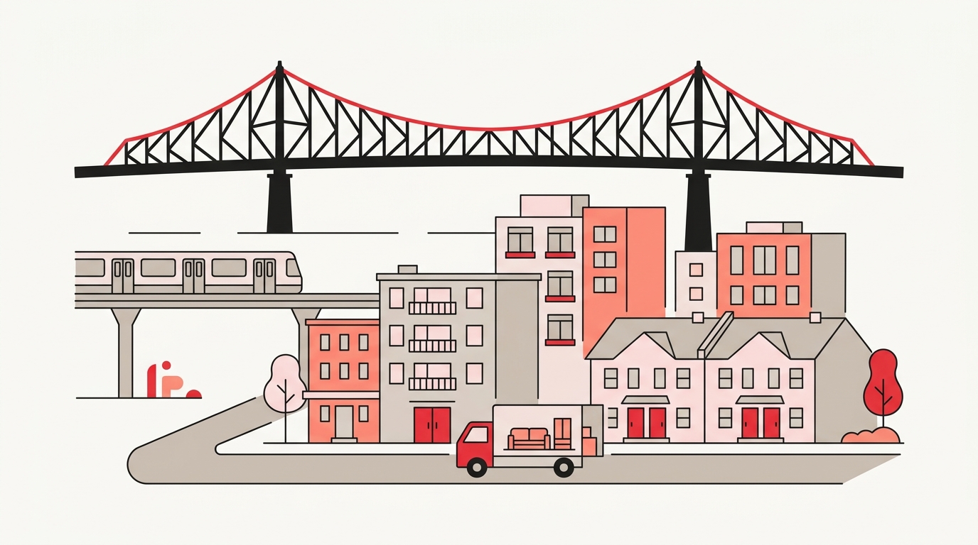 Illustration du pont Jacques-Cartier, d'un train de métro et d'immeubles de Longueuil avec un camion de déménagement