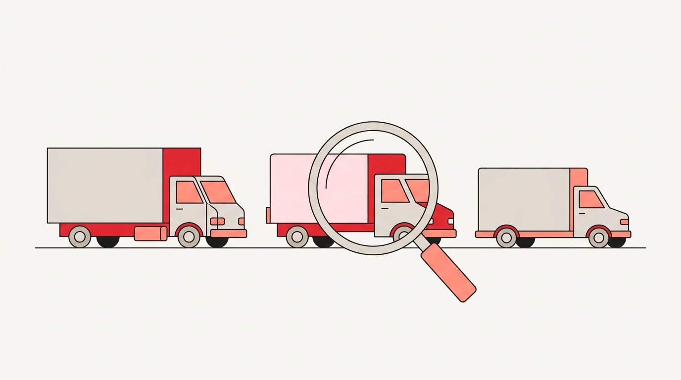 Flat illustration of three unbranded moving trucks of different sizes with a magnifying glass, representing types of Montreal moving companies