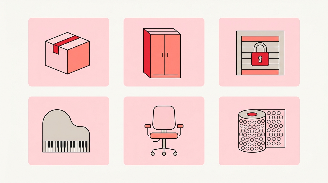 Grid of flat icons for moving services: box, wardrobe, storage unit, piano, office chair, bubble wrap