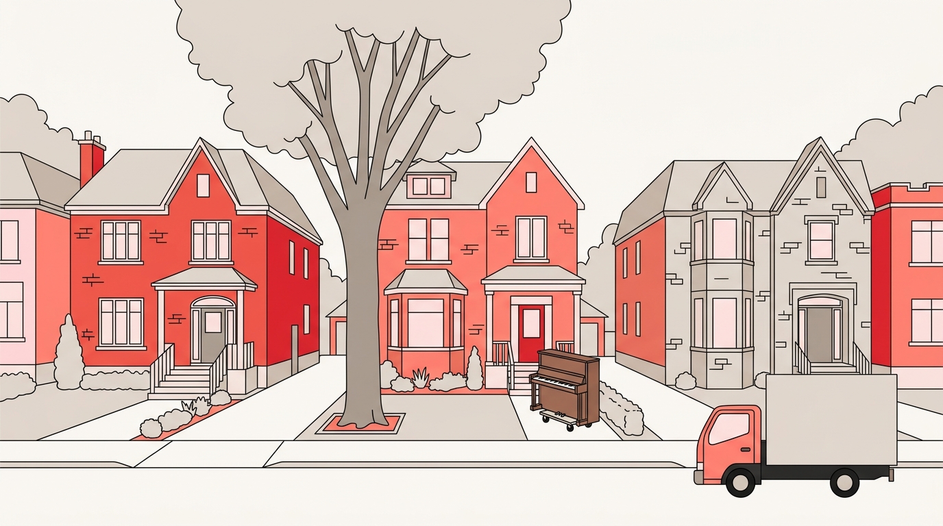Flat illustration of an Outremont street: large brick and stone houses, a protected mature tree, an upright piano on a dolly and a moving truck at the curb