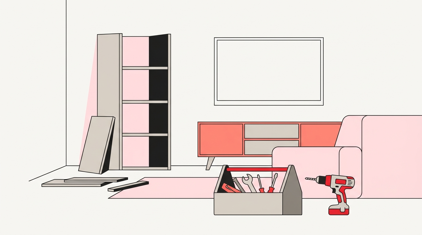 Flat illustration of a living room with a half-assembled bookshelf, a wall-mounted TV outline, a toolbox and a drill