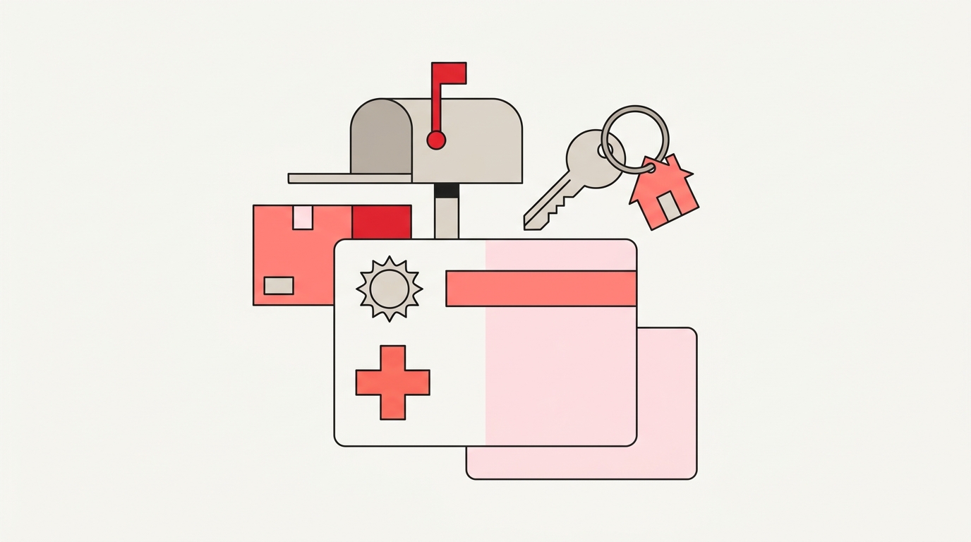 Flat illustration of a blank health card with a sun emblem, a medical cross, a mailbox and a house key