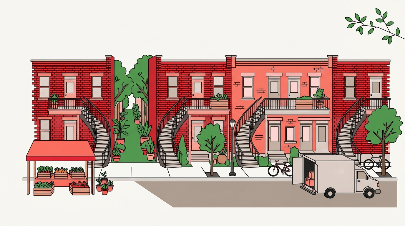 Flat illustration of Rosemont brick triplexes with spiral staircases, a green back alley, a market stall and a moving truck