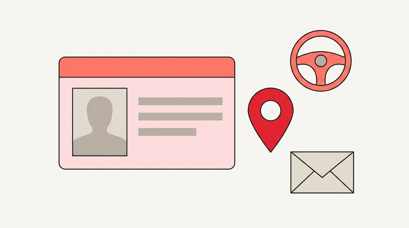Illustration d'un permis de conduire vierge, d'une épingle de localisation, d'un volant et d'une enveloppe pour un changement d'adresse au Québec