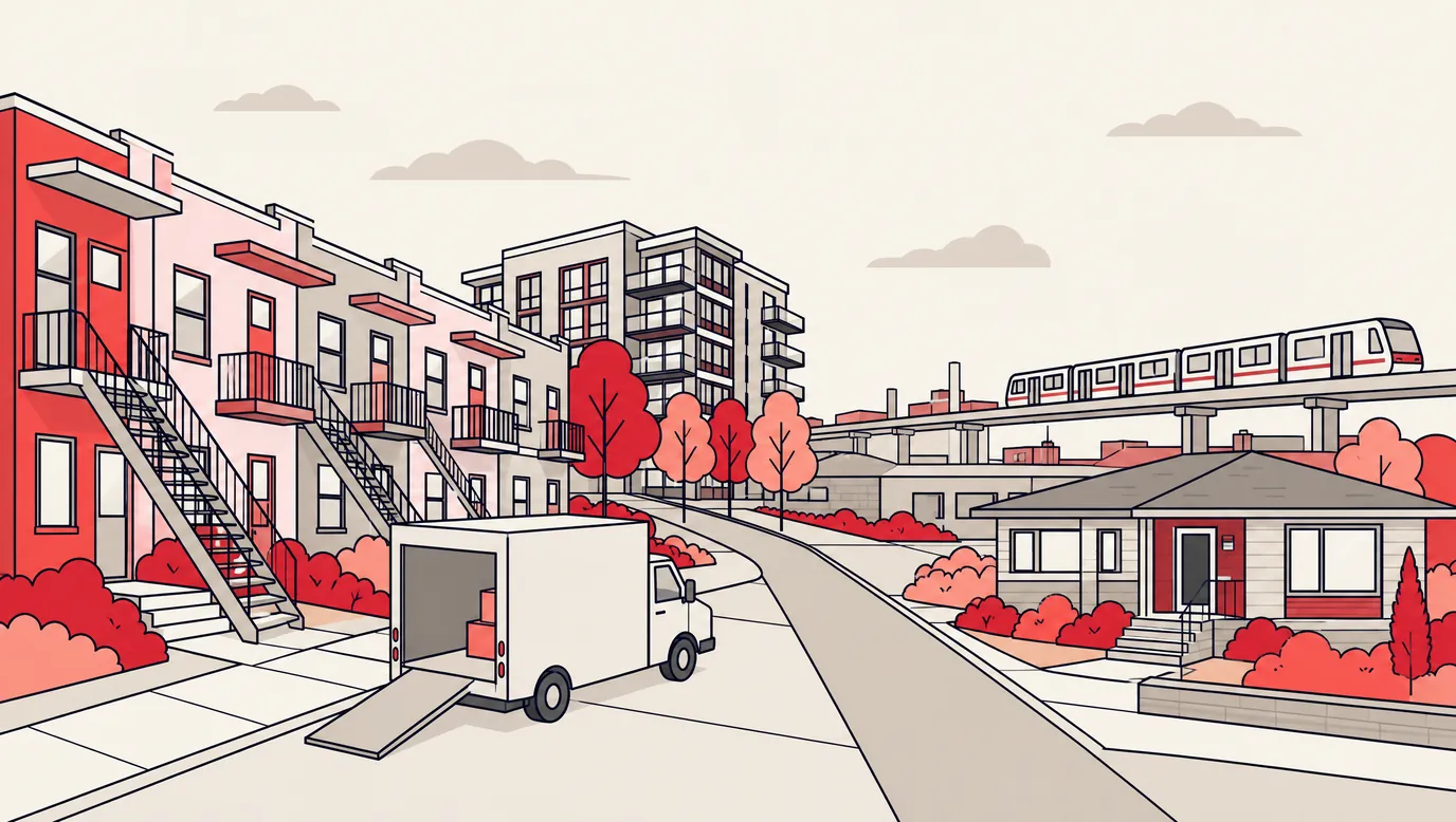 Flat illustration of Saint-Laurent: townhouses and condo buildings on a tree-lined street, an elevated REM train on its guideway and low industrial buildings behind, with an unmarked moving truck in a driveway