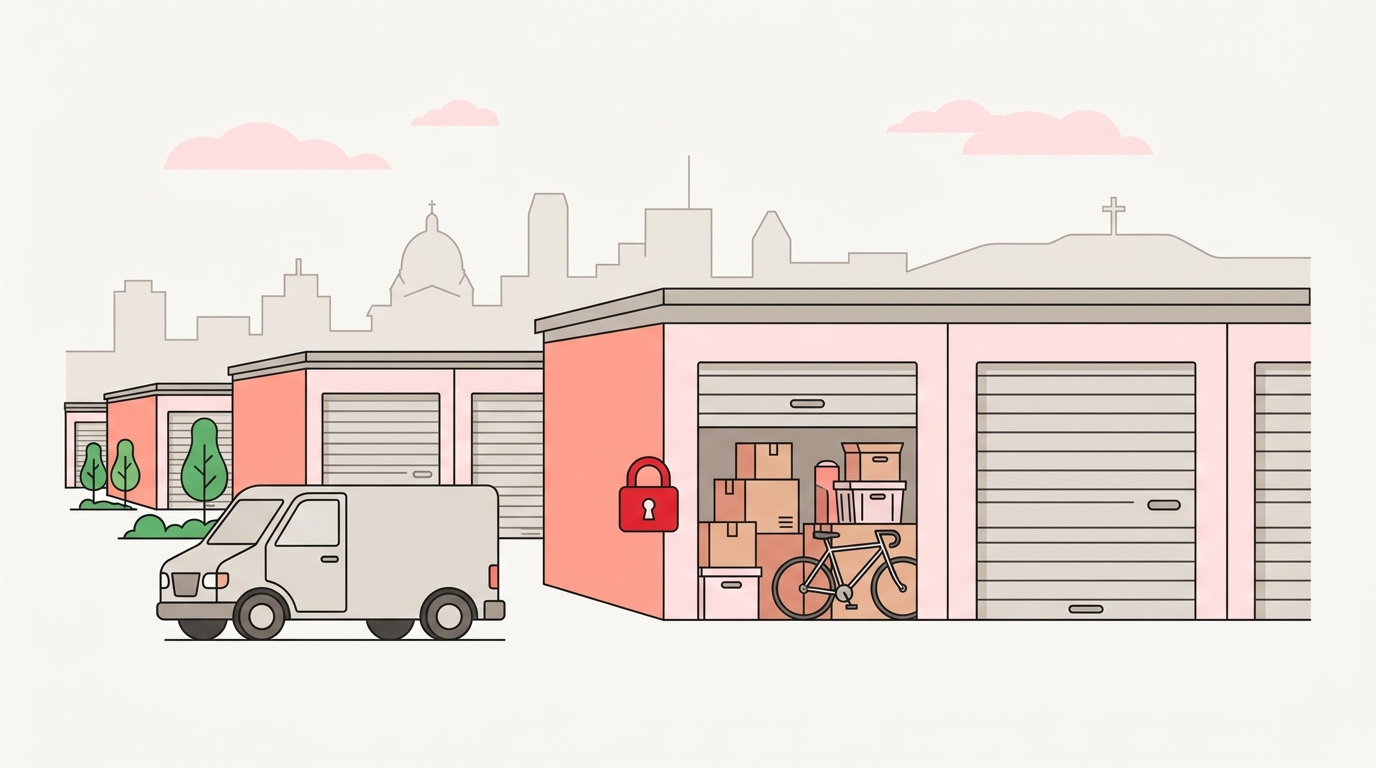Flat illustration of a row of self-storage units in Montreal, one open with boxes and a bicycle, a padlock and a small van