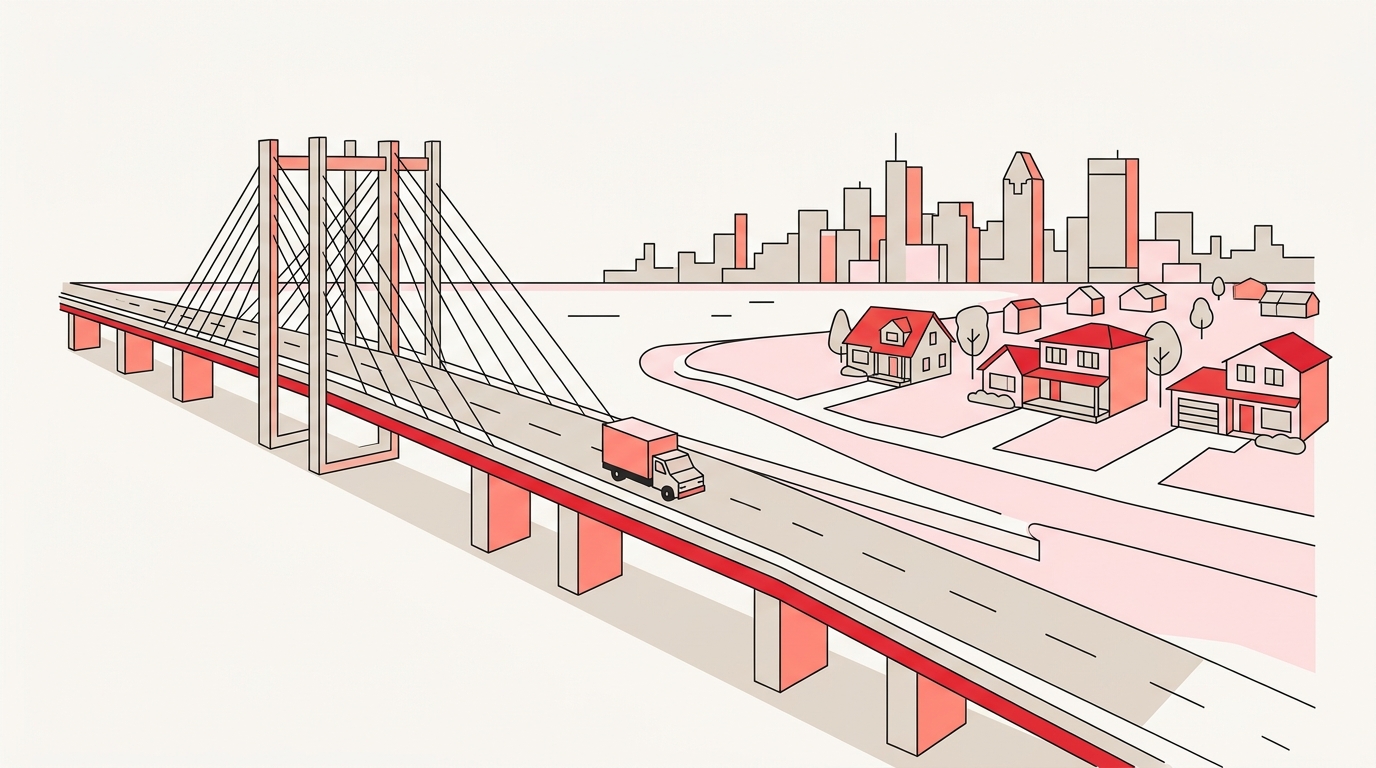 Flat illustration of the Champlain Bridge with a moving truck crossing toward South Shore houses, Montreal skyline behind