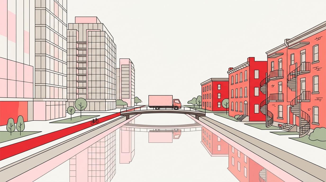 Flat illustration of the Lachine Canal with Griffintown condo towers on one bank, Saint-Henri brick plexes with spiral stairs on the other, and a moving truck on the bridge