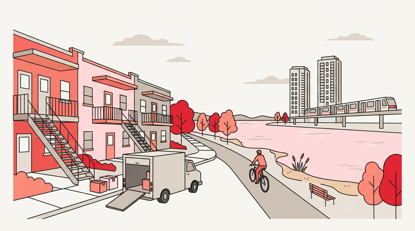 Flat illustration of Verdun duplexes with exterior staircases, the riverside bike path and beach, and Île-des-Soeurs towers with the REM
