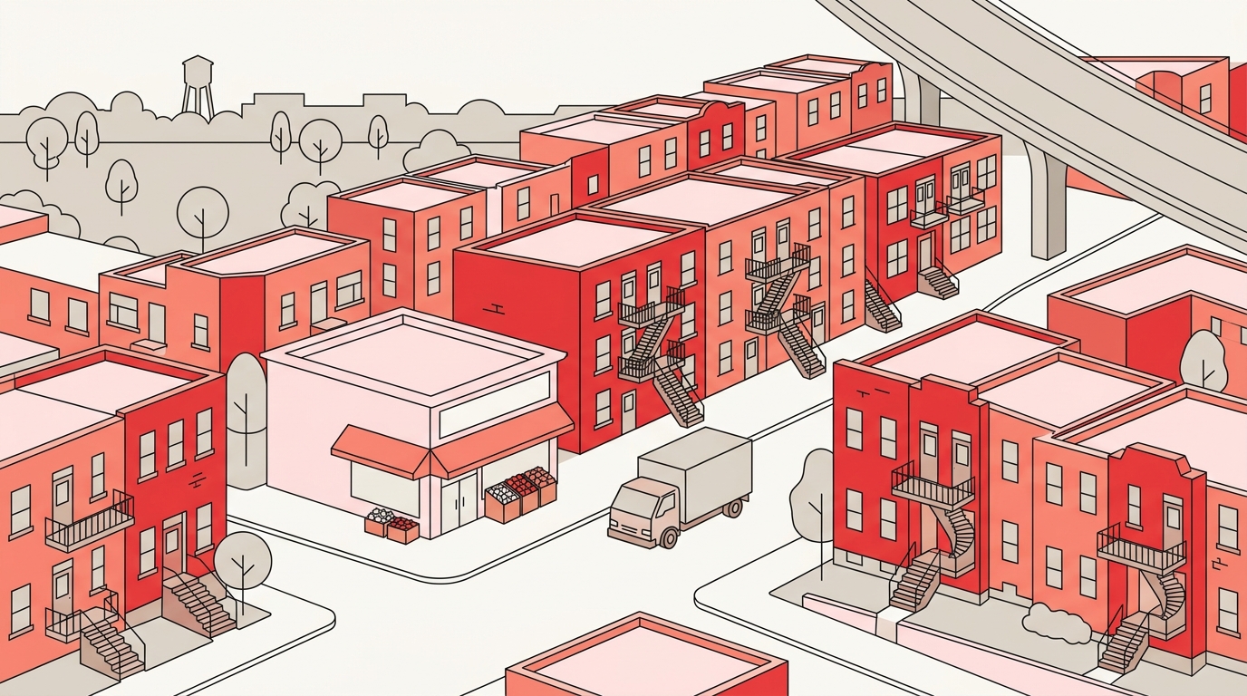 Flat illustration of Villeray and Parc-Extension: brick walk-ups with exterior staircases, a corner grocery, Jarry Park and the Metropolitan overpass
