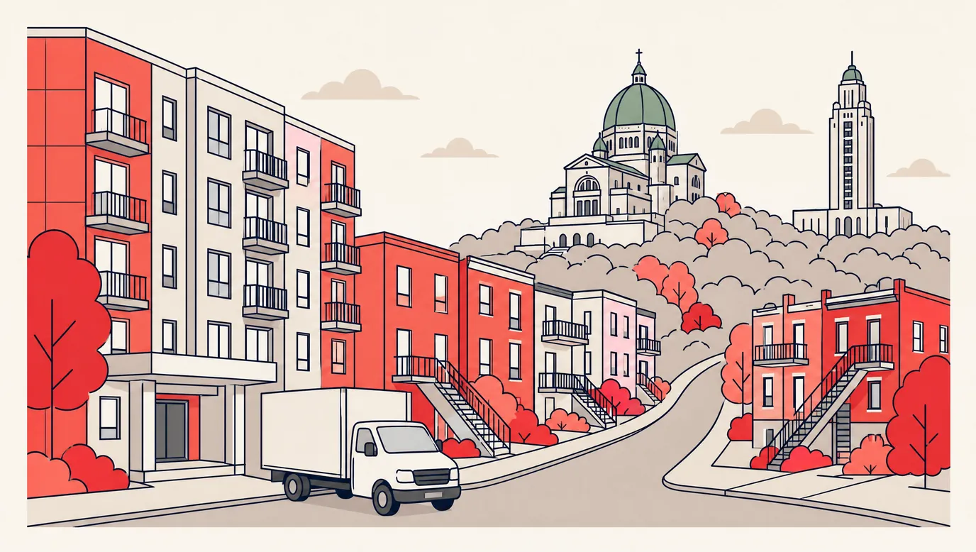 Flat illustration of Côte-des-Neiges: apartment towers and brick walk-ups on the slope of Mount Royal, the dome of Saint Joseph's Oratory and a university tower behind, with an unmarked moving truck at the curb