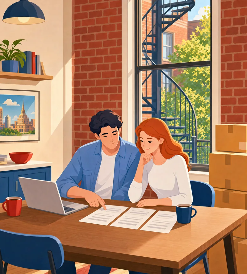 Couple comparing three written moving quotes at a kitchen table in Montreal