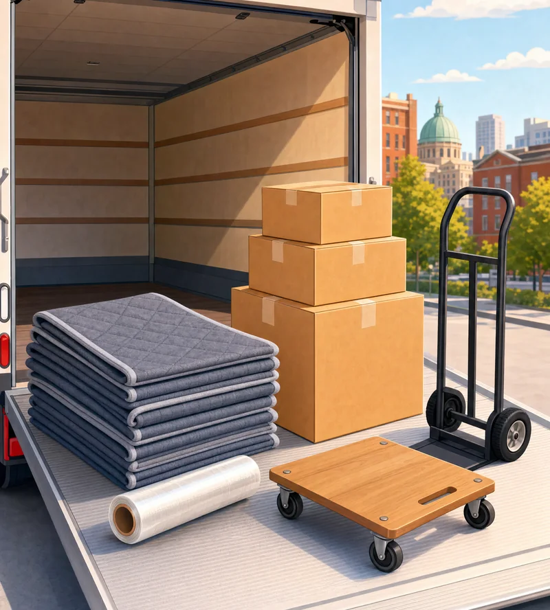 Furniture pads, stretch film, boxes and dollies on a truck ramp