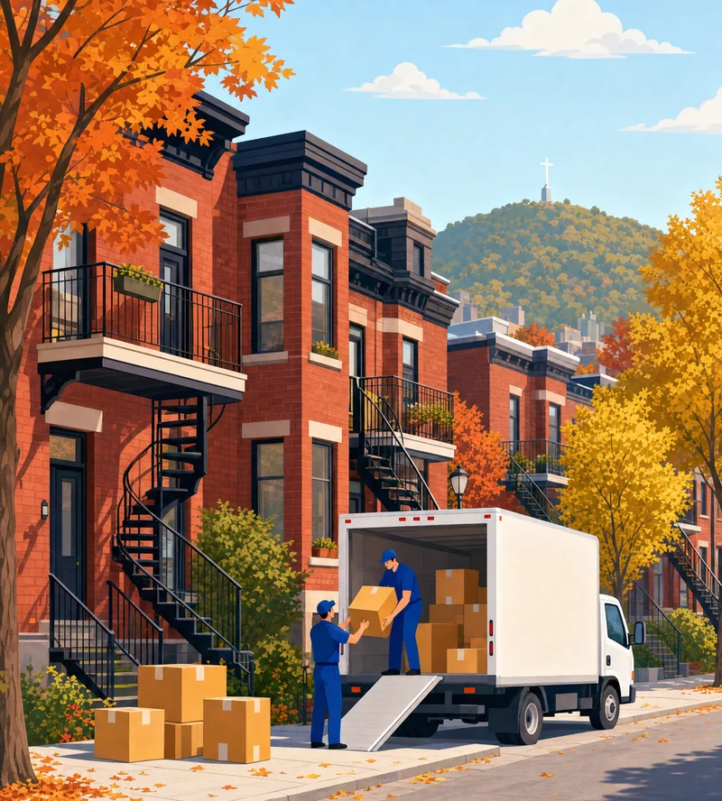 Plateau street with spiral staircases and a moving truck, Mount Royal behind