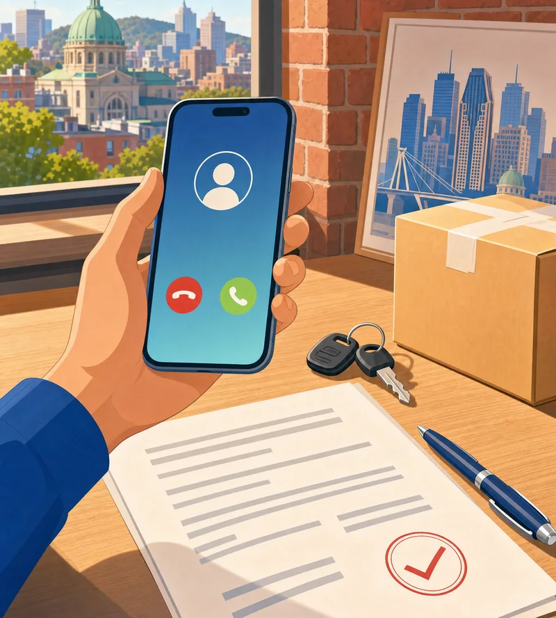 Phone call from a mover next to a written quote and a moving box