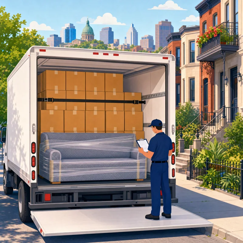 Properly loaded moving truck with a mover checking a clipboard