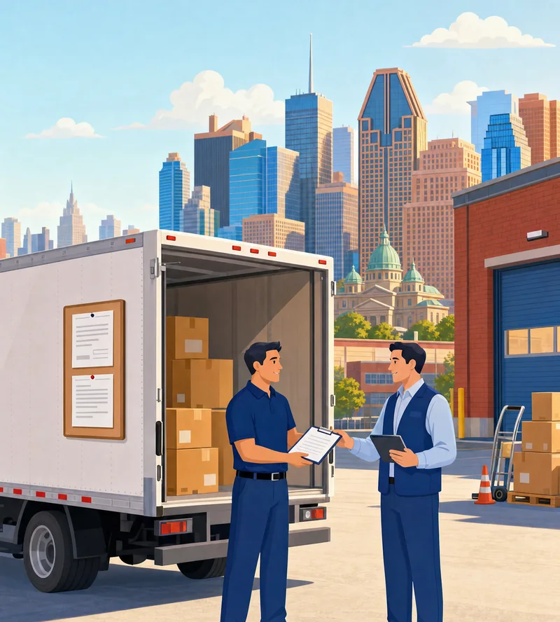 Moving company owner handing permit and insurance paperwork to an inspector beside a box truck